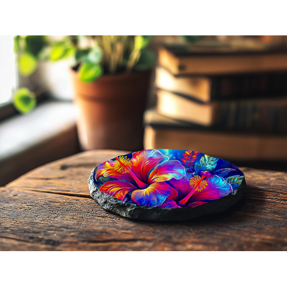 Tropical Hibiscus Slate Coasters, Set of 4, Round Cork-Backed Drink Coasters