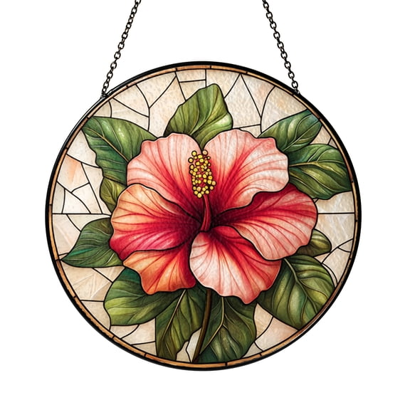 Tropical Hibiscus Stained Glass Window Hanging – Floral Art Panel