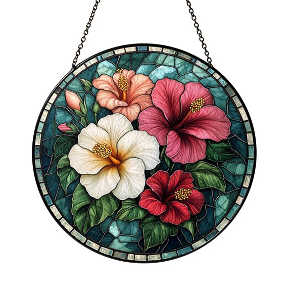 Tropical Hibiscus Sun Catcher Glass Style Round Floral Window Panel