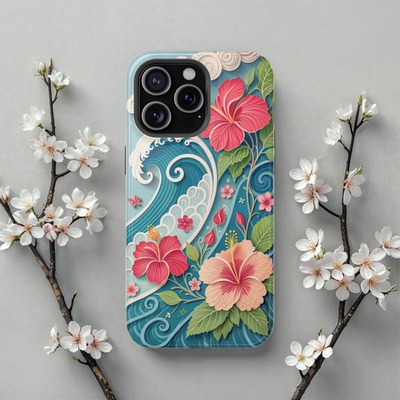 Tropical Hibiscus Wave Phone Case Coastal Summer Floral for iPhone 17 11 12 13 14 15 16 Pro Max