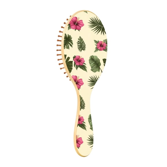 Tropical Hibiscus and Leaves Natural Wooden Hair Brush with Cushion for Gentle Scalp Massage