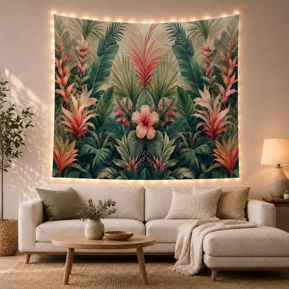 Tropical Hibiscus and Leaves Tapestry Wall Hanging