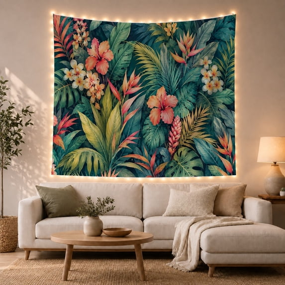 Tropical Hibiscus and Leaves Tapestry Wall Hanging