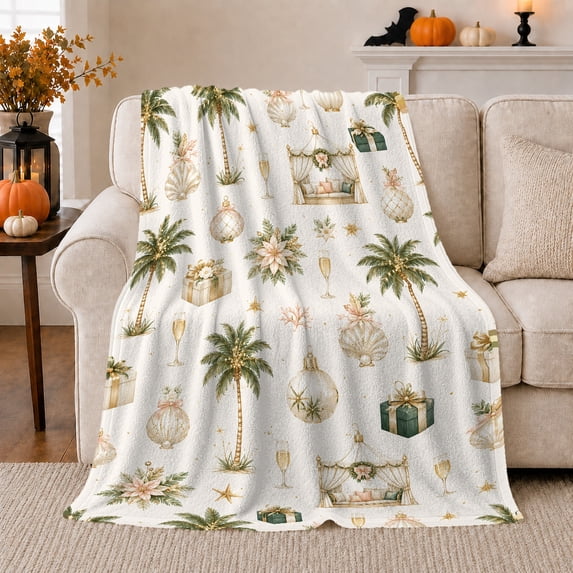 Tropical Holiday Party Scene Palm Trees Gold, Festive Holiday Scene, Warm Flannel Blanket for Living Room and Reading Nook, Art Lovers Friendship Gift, Festive Home Decor
