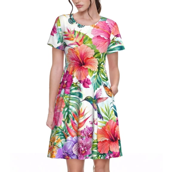 Tropical Hummingbird Dresses Short Sleeve Nightdresses for Women