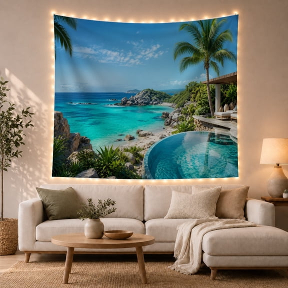 Tropical Infinity Pool Beside a Turquoise Bay, Serene Coastal for Ocean Lovers, Resort Landscape Wall Art, Housewarming Gift, Tapestry Wall Hanging for Living Room and Bedroom