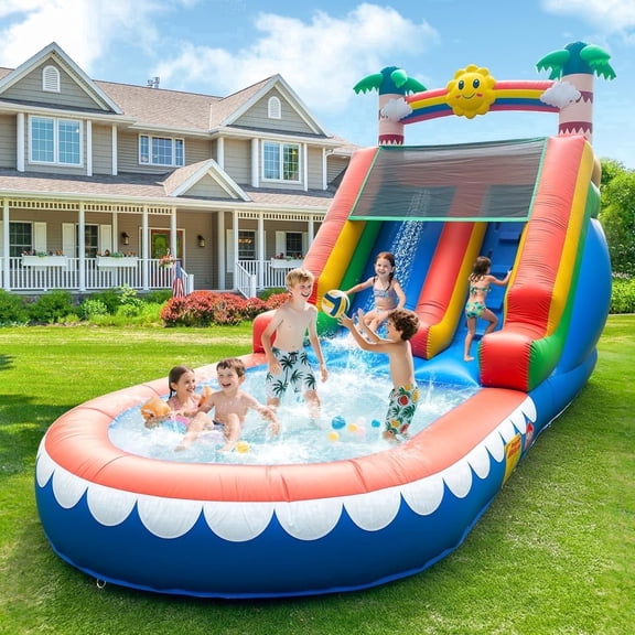 COCOFISH Outdoor Water Park: 21FT Tropical Inflatable Slide with Palm Tree Theme, Climbing Wall, Splash Pool & 950W Blower for Backyard Fun