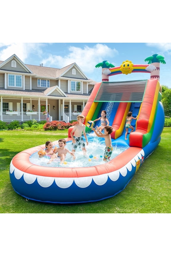 Outdoor Water Park: 21FT Tropical Inflatable Slide with Palm Tree Theme, Climbing Wall, Splash Pool & 950W Blower for Backyard Fun