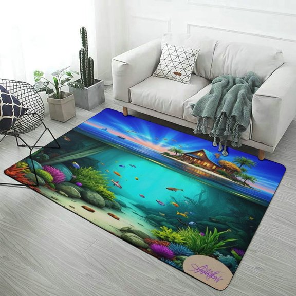 Tropical Island And Underwater Life Area Rugs Soft Carpet Suitable for Living Room Kitchen Bedroom Laundry Room Home Decorations