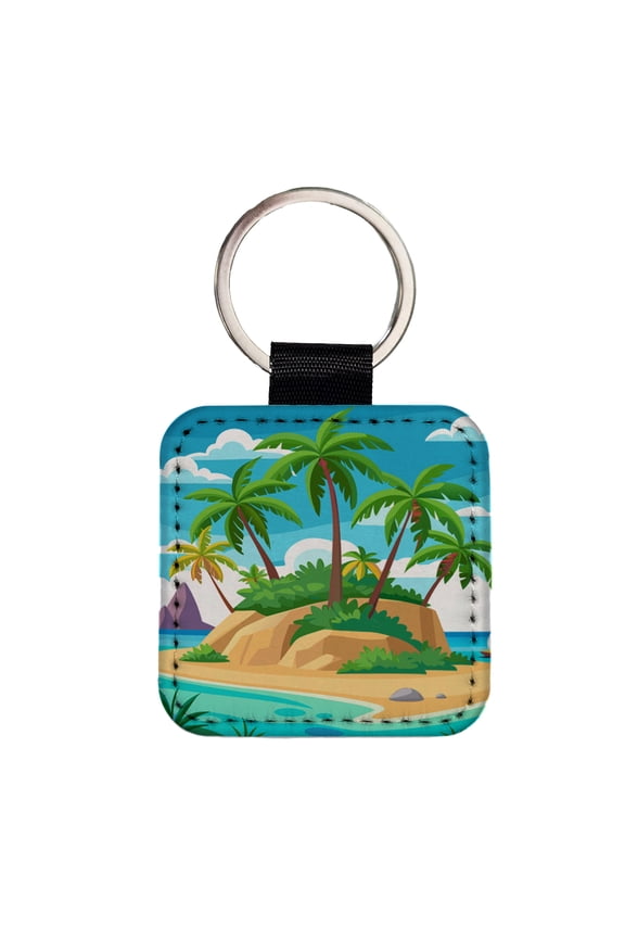 Tropical Island Beach Palm Trees Vacation Travel Faux Leather Square Keychain