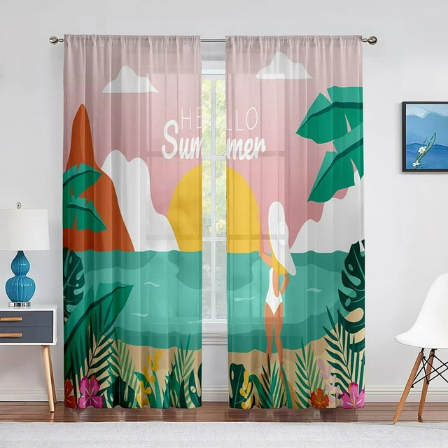 Tropical Island Beach Theme Palm Leaf and Sea Tulle Curtains for Living
