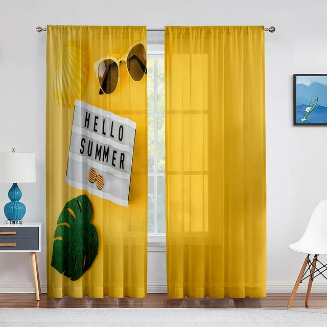 Tropical Island Beach Theme Palm Leaf and Sea Tulle Curtains for Living