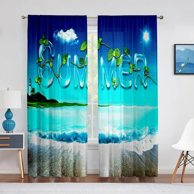Tropical Island Beach Theme Palm Leaf and Sea Tulle Curtains for Living Room Bedroom Chiffon