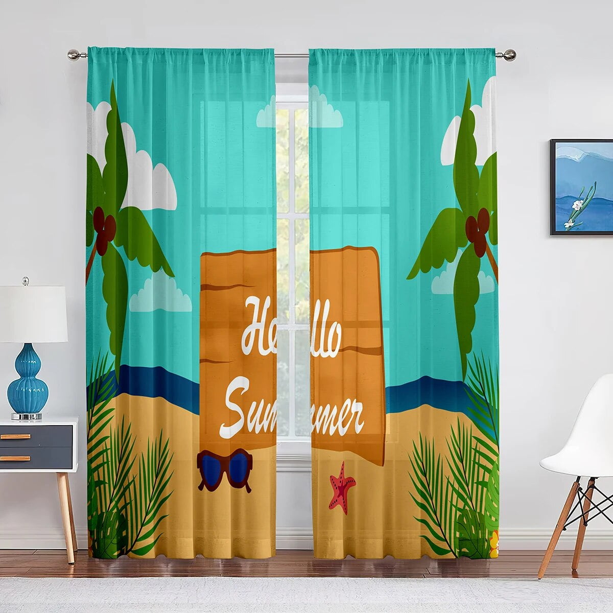 Tropical Island Beach Theme Palm Leaf and Sea Tulle Curtains for Living