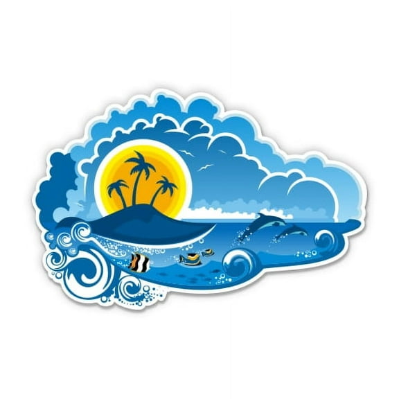Tropical Island Beach Vacation Palm Trees Ocean - 3" Vinyl Sticker - For Car Laptop I-Pad Phone Helmet Hard Hat - Waterproof Decal