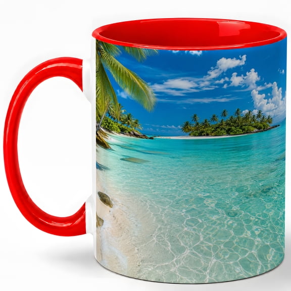 Tropical Island Coffee Mug, Clear Blue Ocean Beach Palm Tree Design, 11 oz Ceramic Cup