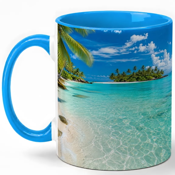 Tropical Island Coffee Mug, Clear Blue Ocean Beach Palm Tree Design, 11 oz Ceramic Cup