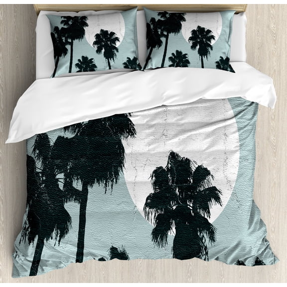 Tropical Island Duvet Cover Set, Pencil Drawn Long High Palm Trees and the Sun, Decorative 3 Piece Bedding Set with 2 Pillow Shams, Queen Size, Slate Blue Dark Green, by Ambesonne