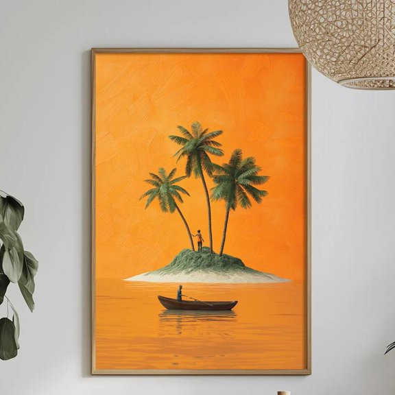 Tropical Island Minimal Surreal Palm Tree Orange Beach Coastal Modern Graphic Poster Unframed Paper Print