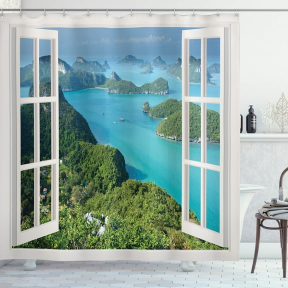 Tropical Island Mountain Ocean Theme White Wooden Window Fabric Shower Curtain