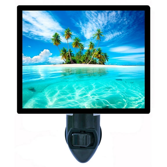 Tropical Island Night Light  Palm Trees and Clear Blue Ocean, Relaxing Beach Scene Dcor, Free Switchable Insert