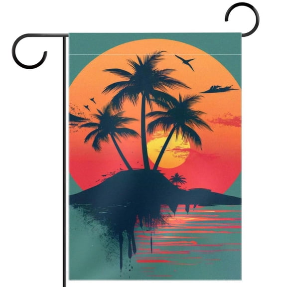 Tropical Island and Palm Trees Sunset Background Double Sided Garden Flag Decorative Weather Resistant Yard Flag, Large DIY Vertical Flag for Farmhouse Patio Lawn, 28x40 Inch