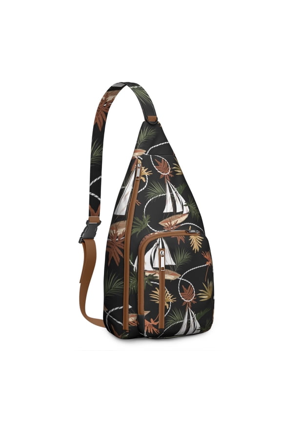 Tropical Island Sling Backpack – Boho Safari Jungle Crossbody Daypack with Exotic Palm Tree & Coastal Sunset Print, Lightweight & Stylish for Beach Vacation, Hiking & Travel