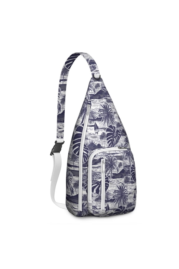 Tropical Island Sling Backpack – Boho Safari Jungle Crossbody Daypack with Exotic Palm Tree & Coastal Sunset Print, Lightweight & Stylish for Beach Vacation, Hiking & Travel