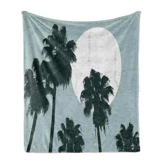 Tropical Island Soft Flannel Fleece Throw Blanket, Pencil Drawn Long High Palm Trees and the Sun, Cozy Plush for Indoor and Outdoor Use, 50" x 70", Slate Blue Dark Green, by Ambesonne