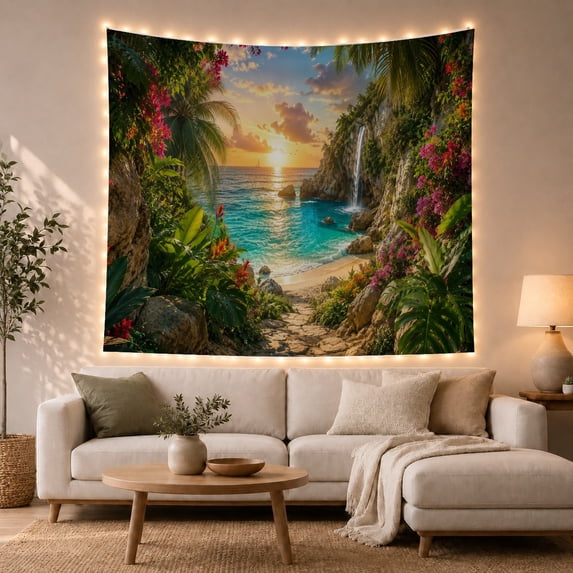 Tropical Island Waterfall Cove at Sunset, Serene Coastal Scene for Beach Lovers, Paradise Wall Art, Housewarming Gift Tapestry Wall Hanging for Living Room, Bedroom and Dorm