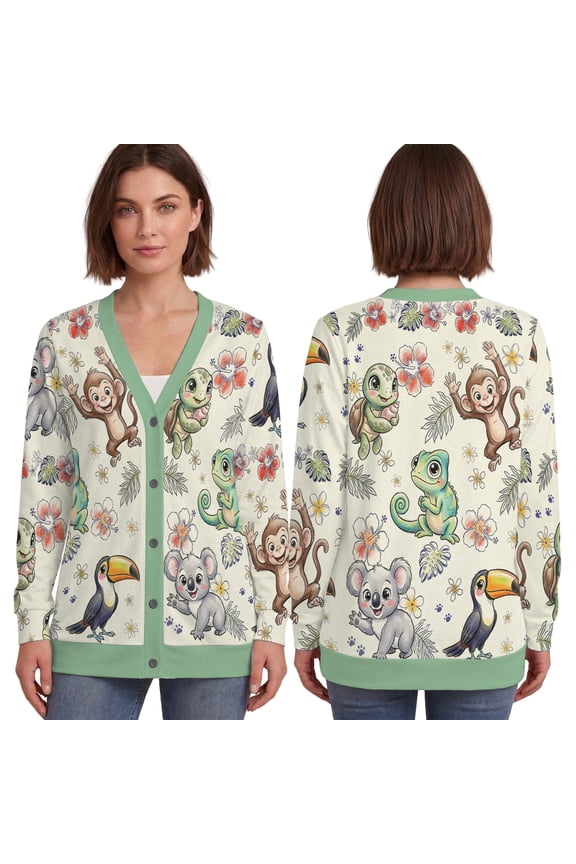 Tropical Jungle Animal Cardigan, Koala Monkey Knit Sweater, Hibiscus Floral Button Up Cardigan Women