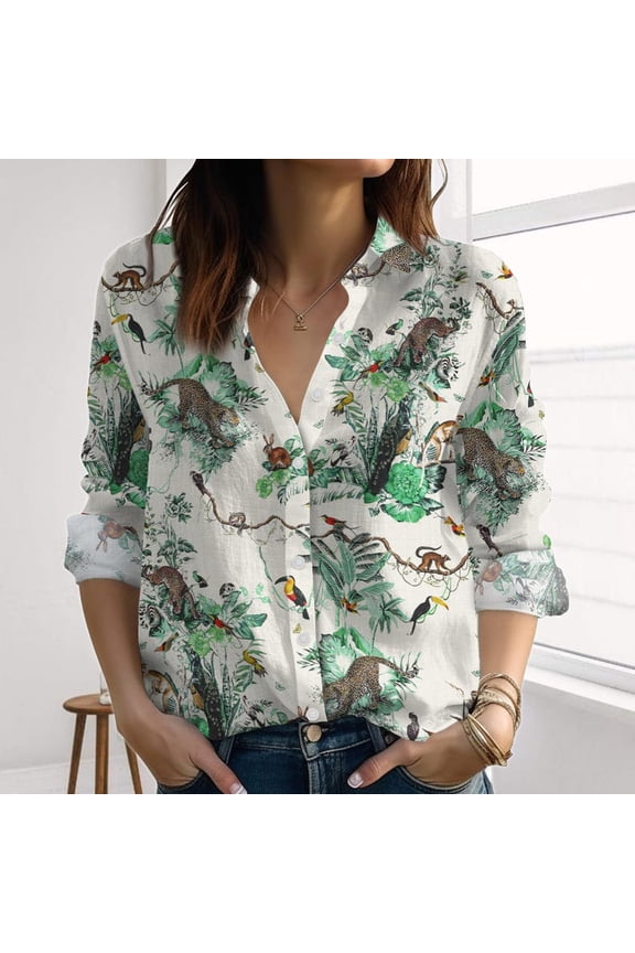 Tropical Jungle Animal Linen-Look Shirt, Leopard and Toucan Women Shirt, Green Forest Casual Shirt For Summer, Blouses Top For Her, Button Up Shirt, Blouses Tops Women, Gift for Mother