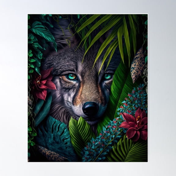 Tropical Jungle Animal Wolf Face Wall Art Safari Themed Decor Poster Wall Art , Poster Print Only