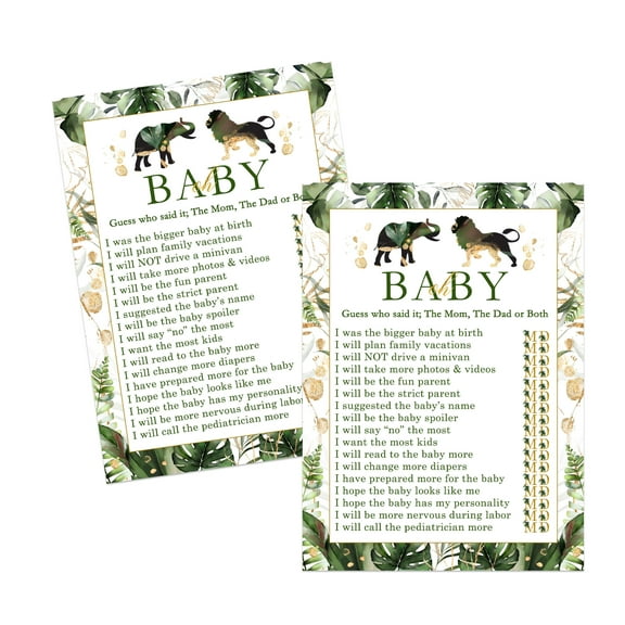 Tropical Jungle Baby Shower Game Mommy or Daddy 25 Pack Guess Who Baby Shower Games Greenery and Gold Favors Event Supplies Gender Reveal Activity Cards (5 x 7 Size Set) Paper Clever Party