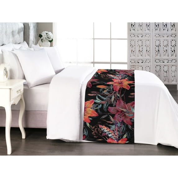 Tropical Jungle Bed Runner, Night Garden of Tiger Lily Pattern Flowers and Petals, Decorative Accent Bedding Scarf for Hotels Homes & Guest Rooms, King, Charcoal Grey and Vermilion, by Ambesonne