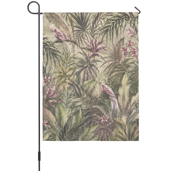 Tropical Jungle Bird Garden Flags For Outdoor, Green Palm Leaves Pink Macaw Orchids Small Double Side Yard Flags Weather Proof Garden Decor for Lawn Outside Holiday 12 x 18 Inches