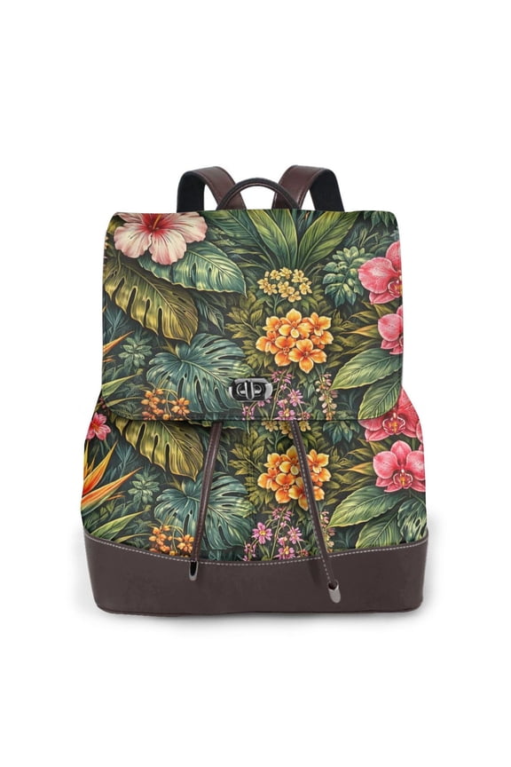 Tropical Jungle Botanical Women's Leather Backpack All-Over Print Bag for Work and Travel