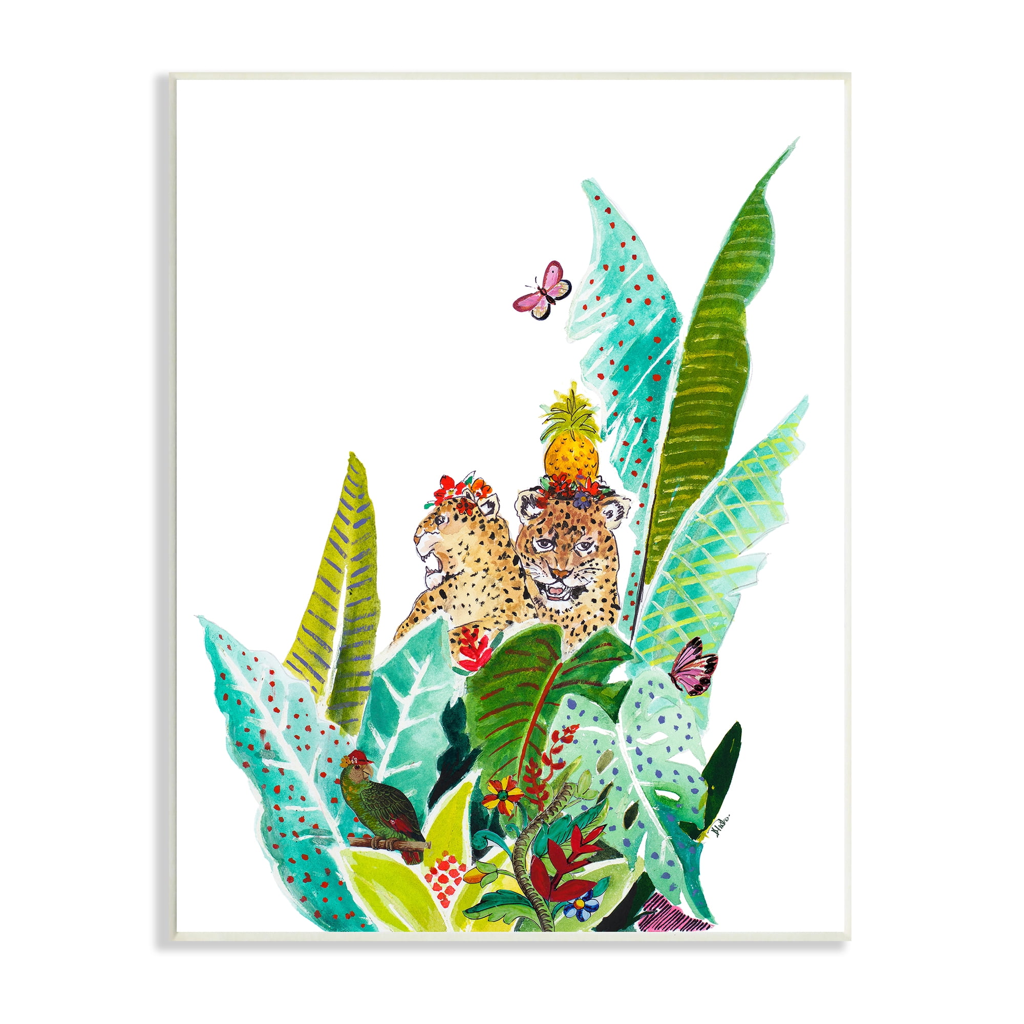 Tropical Jungle Cats Behind Abstract Pattern Palms Butterfly 13 in x 19 in Framed Painting Art Print, by Stupell Home Décor