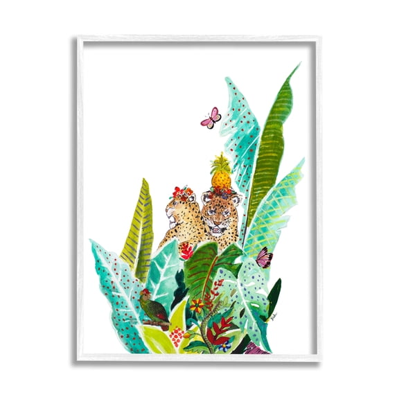 Tropical Jungle Cats Behind Abstract Pattern Palms Butterfly 24 in x 30 in Framed Painting Art Print, by Stupell Home Décor