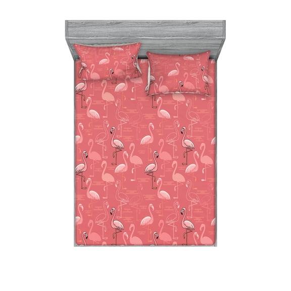 Tropical Jungle Fitted Sheet & Pillow Sham Set, Cartoon Design Flamingo Pattern With Linear Silhouette Boho Art, Decorative Printed 3 Piece Bedding Decor, Full, Pastel Pink Pale Pink, by Ambesonne