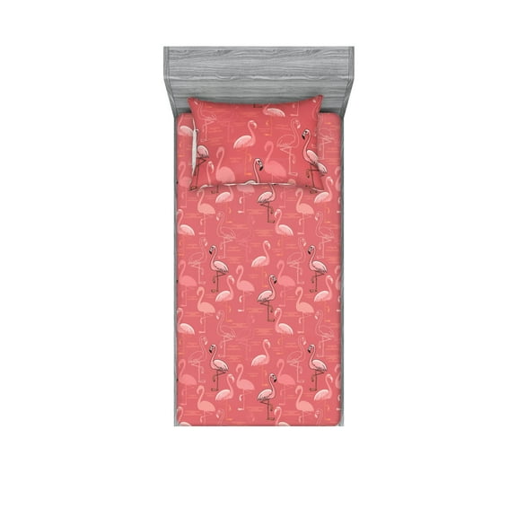 Tropical Jungle Fitted Sheet & Pillow Sham Set, Cartoon Design Flamingo Pattern With Linear Silhouette Boho Art, Decorative Printed 2 Piece Bedding Decor, Twin, Pastel Pink Pale Pink, by Ambesonne