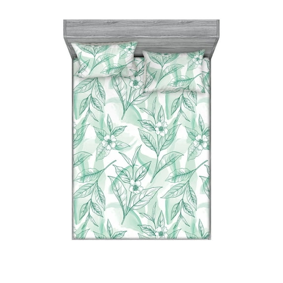 Tropical Jungle Fitted Sheet & Pillow Sham Set, Forest Color Flowers with Leaves Greenery on Brush Strokes Back, Decorative Printed 3 Piece Bedding Decor, Queen, Almond Green Sea Green, by Ambesonne