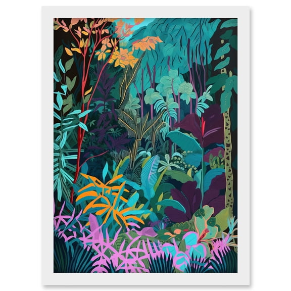 Tropical Jungle Forest Vibrant Colour Illustration Artwork Framed Wall Art Print A4