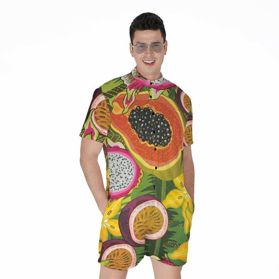 Tropical Jungle Fruits Pattern Short Sleeve Men'S Rompers, Aloha Hawaiian Tropical Floral Plants Summer Casual Summer Jumpsuits Outfit