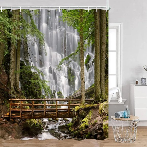 Tropical Jungle Landscape Shower Curtain Forest Palm Trees Vines Plant Waterfall Rainforest Scenery Bathroom Curtains Home Decor