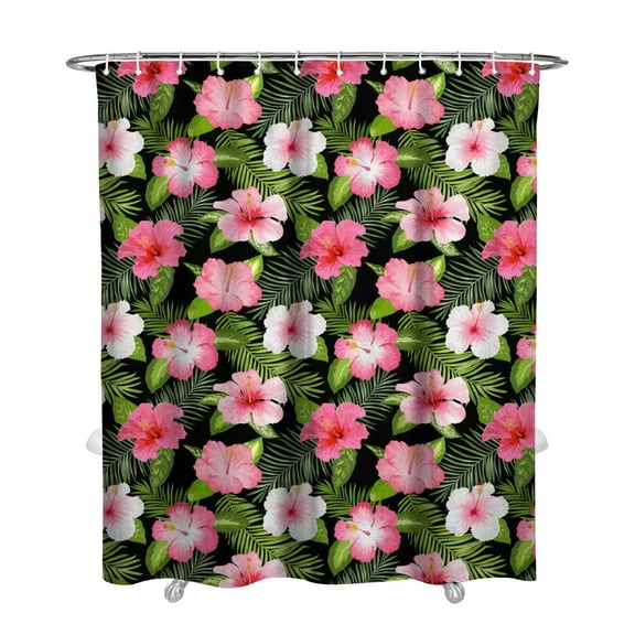 Tropical Jungle Leaves Shower Curtain, Hawaiian Hibiscus and Exotic Floral Boho Design, Vibrant Summer Beach Bathroom Curtain, Waterproof with Hooks