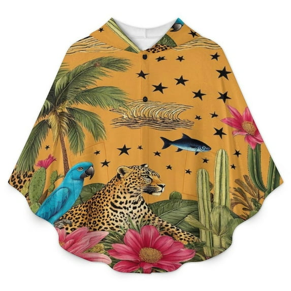 Tropical Jungle Leopard Parrot Cacti Blanket Oversized Wearable Hooded Blanket Warm Throw Blanket Buttons Sweatshirt For Women Men Teens Flannel