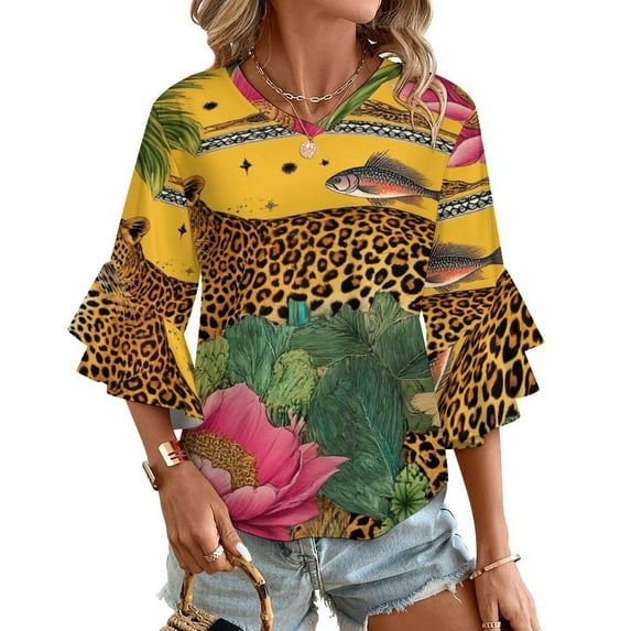 Tropical Jungle Leopard Parrot Fish Women's V-Neck Blouse With 3/4 Ruffled Bell Sleeves Casual Top Ladies Blouses