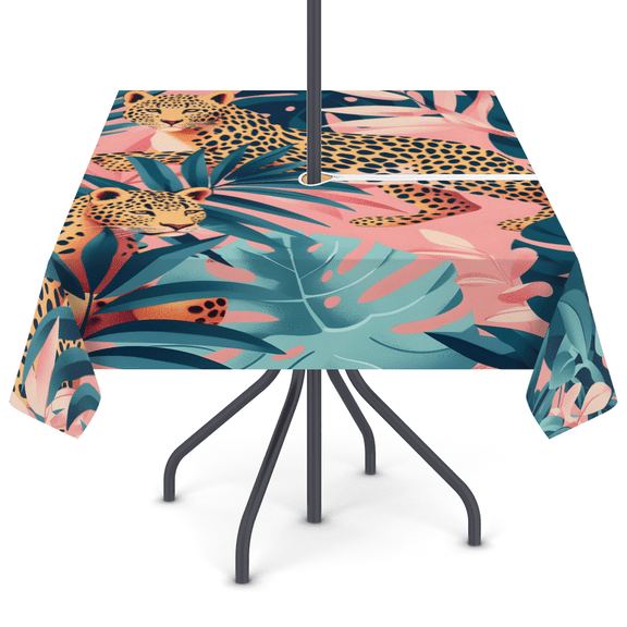 Tropical Jungle & Leopard Print Tablecloth 60x80 Patio Table Cover with Umbrella Hole Zipper, Water Resistant