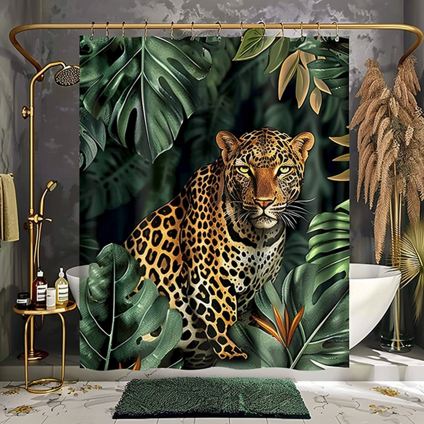 Tropical Jungle Leopard Shower Curtain Set NatureInspired Bathroom
